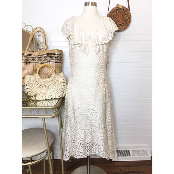 Reba Ivory Cream Chunky Eyelet Lace Ruffle Collar Hi Low Dress NWT Size Small - Picture 2 of 9